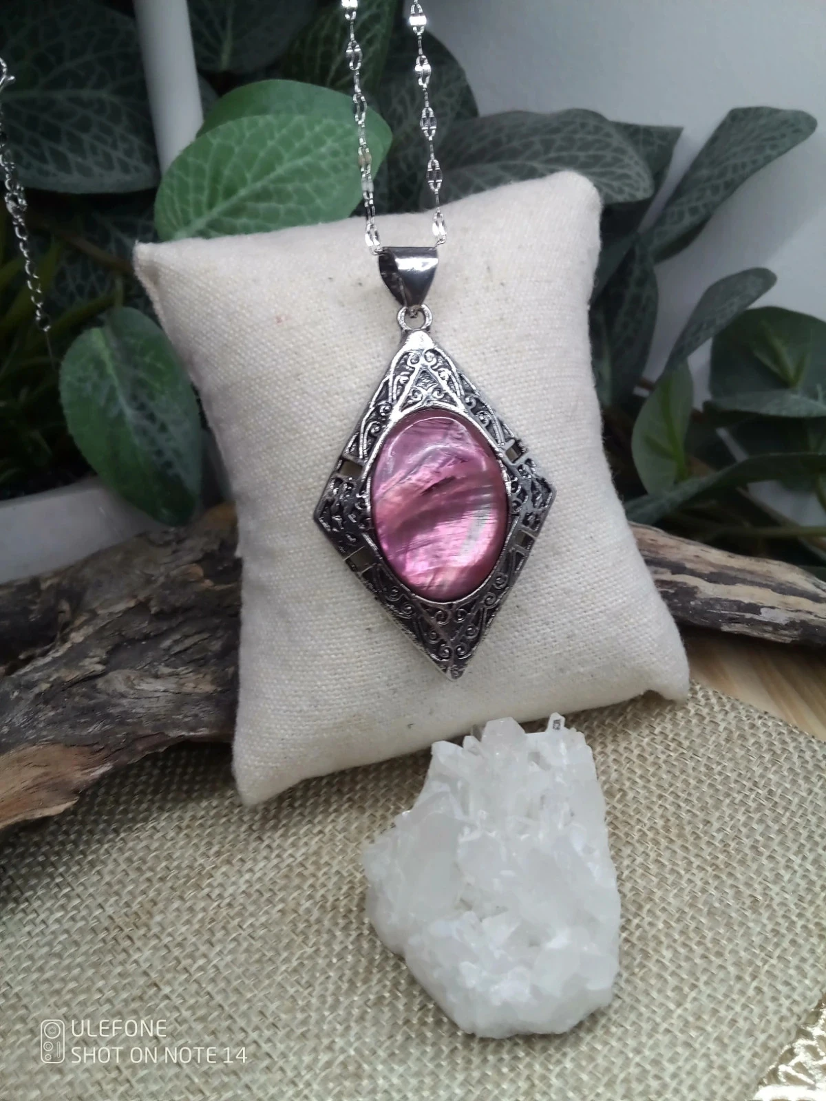 Collier bohème pendentif nacre rose acier inoxydable rectangle argenté
